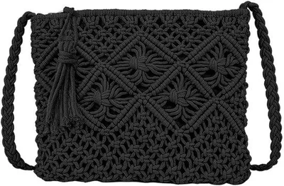Immagine prodotto di Ibenzoa® Borsa a tracolla nera, realizzata a mano – Elegante pochette tessuta, dimensioni 25 x 19 cm, spazio per portafoglio e telefono, ideale per vacanze e spiaggia
