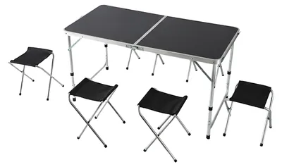 Produktbild von Relaxdays Campingtisch, 4 Sitzhocker, klappbar, höhenverstellbar, mit Tragegriff, Aluminium, MDF, Klapptisch, schwarz