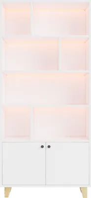 Image de OKWISH Bibliothèque avec 4 Étagères et 2 Portes - Télécommande LED - Bois de Pin MDF - 80x30x173 cm - Blanc