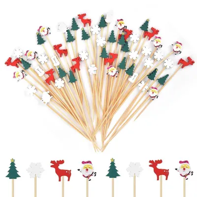 Image de 100 brochettes en bambou de 12 cm, décorées de motifs de Noël, idéales pour la décoration de fêtes