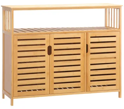 Produktbild von Sideboard aus Bambus mit 3 durchbrochenen Türen und Regalböden, 100 x 35 x 82 cm, naturfarben