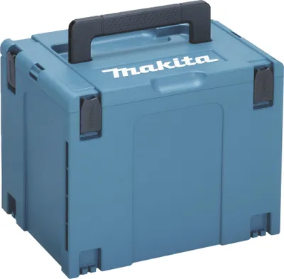 A blue plastic tool case with a black handle on a white background.