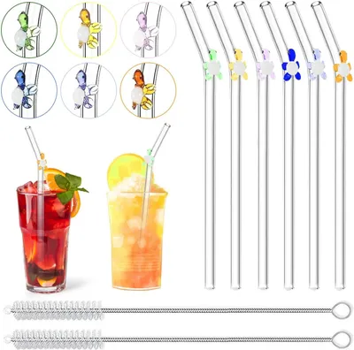 Imagen del producto de Pajitas de vidrio curvas, juego de 6 unidades, de 19,8 cm de largo, con 2 cepillos de limpieza, ideales para cócteles