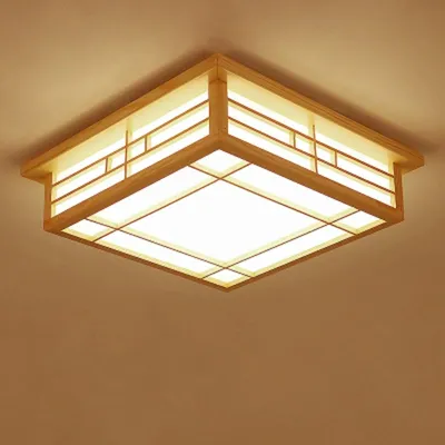 Produktbild von Deckenleuchte im japanischen Stil – quadratische Holzleuchte – 24W warmweißes LED-Licht – 45x45 cm