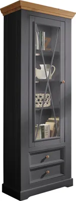 Produktbild von Vitrine "WZ-0133" aus Kiefer massiv in grau mit 2 Schubladen und einer Tür. Abmessungen (BxHxT) 79x214x42 cm