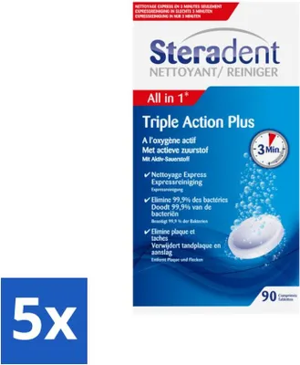 Productafbeelding van Steradent Triple Action Plus reiniger voor kunstgebitten, 90 tabletten - voordeelverpakking - 5 stuks