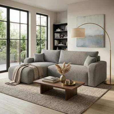 Produktbild von Wohnero24 Habana Ecksofa 251x153 cm mit Schlaffunktion 207x133 cm – Eckcouch mit Bettkasten – Cord Sofa L-Form – Wohnlandschaft Modern – Universal Montierbar