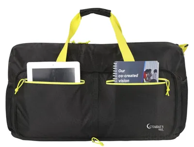 Image de Sac de voyage pliable, noir et jaune, de 90 litres