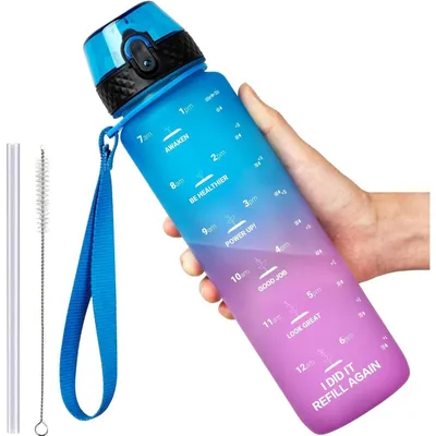 Image de Bouteille de sport 1000 ml, sans BPA, en Tritan, étanche, avec bandoulière, bleu et violet