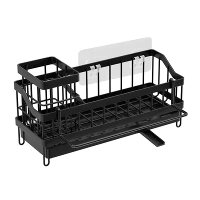 Image de Organisateur pour évier noir, porte-éponge suspendu avec porte-torchon, organiseur pour évier de cuisine avec fixation adhésive, sans perçage