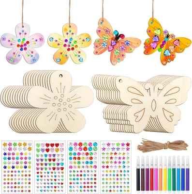 Productafbeelding van 40 stuks knutselset voor kinderen, vlinder en bloemen, knutselen, kinderverjaardag met aquarelstift, doe-het-zelf edelsteenstickers