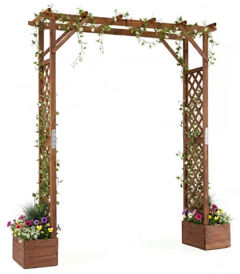Produktbild von COSTWAY Rosenbogen mit 2 Blumenkästen, Gartenbogen 208 x 55 x 220 cm, Torbogen Garten, Rankbogen für Kletterpflanzen, Rankhilfe Tannenholz Braun