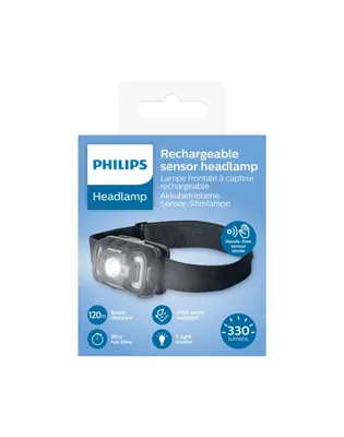 The image shows the retail packaging of a Philips rechargeable sensor headlamp.