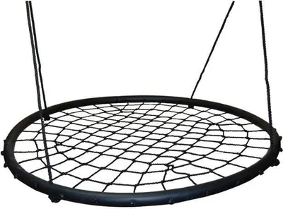 A black, circular net swing seat with a black rim, suspended by ropes against a white background.