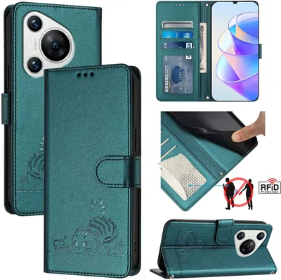 Produktbild von Leder Hülle für Huawei Pura 70 Süße Katze Flip Case Brieftasche Schutzhülle mit Standfunktion Grün