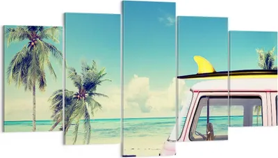 Produktbild von Bild auf Leinwand - Leinwandbild - Auto Surfbrett Strand Ozean - 160x85cm - Wand Bild - Wanddeko - Leinwanddruck - Bilder - Kunstdruck - Wanddekoration - Leinwand bilder - Wandkunst - EA160x85-2835