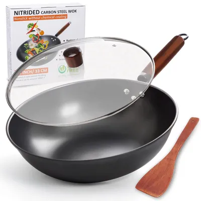 Produktbild von Solidchoice - Wok aus Kohlenstoffstahl mit Deckel, 33 cm, ideal zum Anbraten und Wok-Kochen