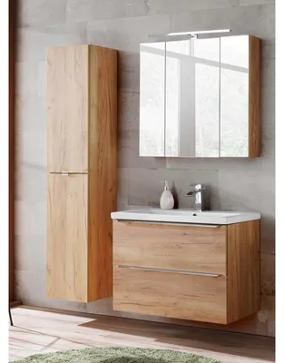 Image de Ensemble meuble vasque + Armoire miroir + Grande armoire - 80 cm - Elise Oak