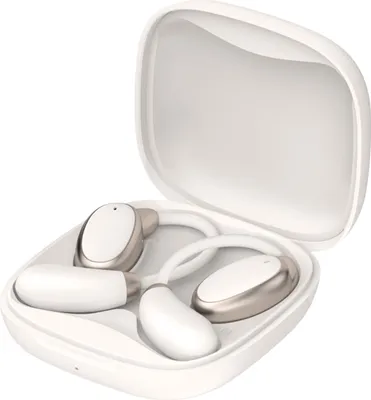 A pair of white and silver wireless earbuds with their charging case.