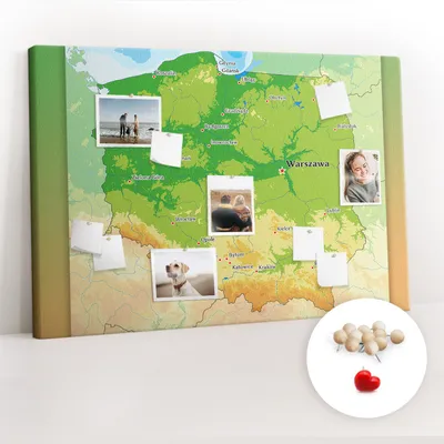 Obrázok produktu pre Korková tabuľa Tabuľa na poznámky Tabuľa na špendlíky - učebná pomôcka 120x80 cm - 100ks drevených kolíkov - Fyzická mapa Poľska