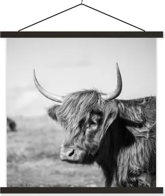 Produktbild von MuchoWow® Textilposter Schottisches Hochlandrind - Tiere - Schwarz - Weiß 120x120 cm mit schwarzem Rahmen - Aufhängungsset