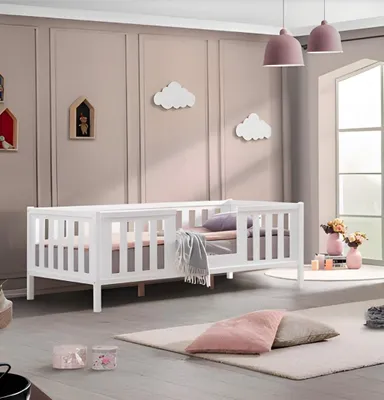 Image de Cadre de lit pour enfant, lit pour enfant, mobilier pour chambre d'enfant, chambre d'enfant, blanc, bois