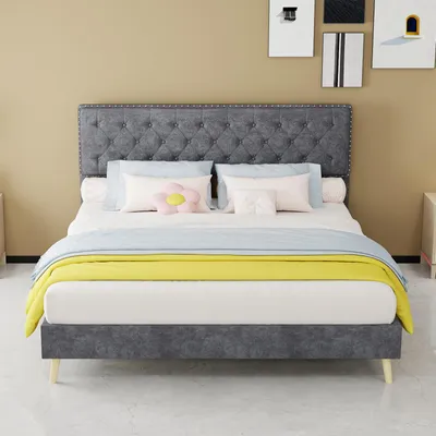 Imagen del producto de Cama tapizada Zerbaco, tamaño doble (160x200 cm), color gris, con cajón para ropa de cama y somier, sin colchón