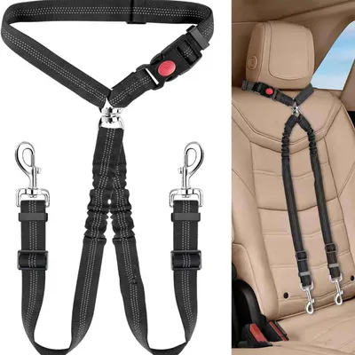 Obrázok produktu pre Bezpečnostný pás pre psov do auta, nastaviteľný, reflexný, elastický, 2 v 1 – vodítko a bezpečnostný pás, otočný o 360°, nylon, rýchloupínací, čierny