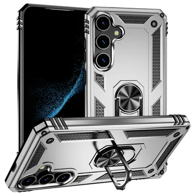 A silver smartphone case with a ring holder is shown from multiple angles against a white background.