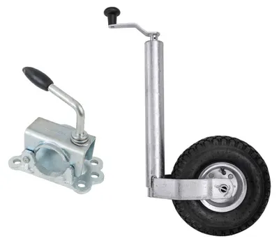 Produktbild von KNOTT Stützrad Set TK48 LBG48 150 kg 48 mm 500 bis 720 mm mit Luftrad 260x85 Stahlfelge Gusseisenklemme für Anhänger Wohnwagen und Deichsel