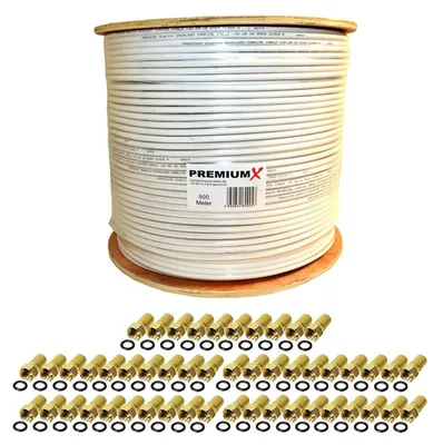 Produktbild von PremiumX 500m BASIC Koaxialkabel 135dB 4-fach SAT Koax Kabel 100x F-Stecker