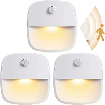 Three white LED night lights with motion sensors, each emitting a warm yellow light. A graphic on the right shows a person and motion waves, indicating the sensor's function.