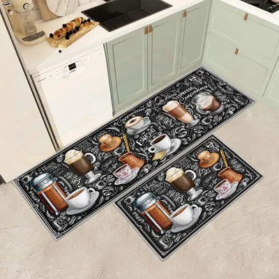 Immagine prodotto di Set di 2 tappetini da cucina vintage, antiscivolo, lavabili, resistenti, M, 43x75 + 43x150 cm
