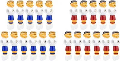 Four groups of foosball player figures arranged in two rows each, two groups with blue shorts and two groups with red shorts.