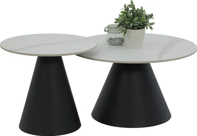 Two modern coffee tables with white marble-like tops and black conical bases, displayed on a white background.