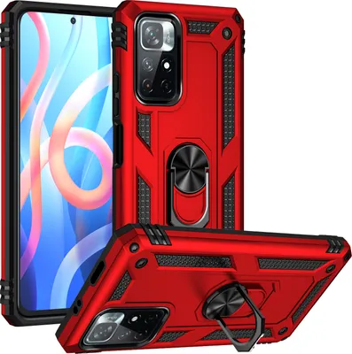 Obrázek produktu pro Pouzdro pro Xiaomi Redmi Note 11 dvouvrstvé robustní, vojenská ochrana pouzdro s držákem prstenu a stojánkem červené