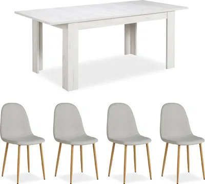 Image de Ensemble de salle à manger Homestyle4u avec 4 chaises, ensemble de table à manger 5 pièces, blanc, 160 x 90 cm, table de cuisine à rallonges, ensemble de salle à manger