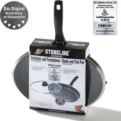 A STONELINE® Schnitzel- und Fischpfanne (Steak and Fish Pan) with a glass lid, presented in its original packaging.