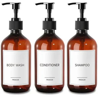 Immagine prodotto di Distributori per shampoo e balsamo, color ambra, capacità 500 ml, ricaricabili, in plastica, set da 6, con etichette