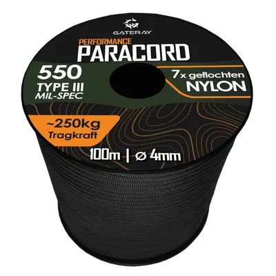 Produktbild von GATERAY® Performance Paracord 550 4mm Nylon 100m Schnur - witterungsbeständiges Allzweckseil (Schwarz)