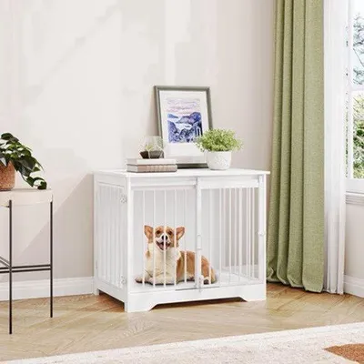 Produktbild von Hundebox aus Holz - 81 cm hoch - Weiß - Für kleine und mittelgroße Hunde - Mit Schiebetüren - Langlebiges und kaubeständiges Möbelstück