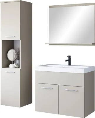 Produktbild von MIRJAN24 Badmöbel-Set Montreal, Badezimmer-Set mit Spiegel und Waschbecken (Farbe: Cashmerebeige, mit Siphon)