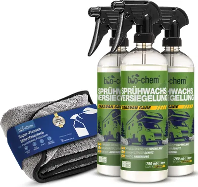Produktbild von bio-chem Sprühwachs Versiegelung Auto 3x 750 ml inkl. Poliertuch I Flüssiges Carnauba Wachs zur Lackversiegelung für alle KFZ wie Auto, Caravan und Motorrad I Strahlender Glanz und Langzeit-Schutz