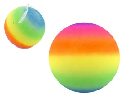 Produktbild von Regenbogenfarbener Gummiball, aufgeblasen, 23 cm Durchmesser, in einer Netzverpackung