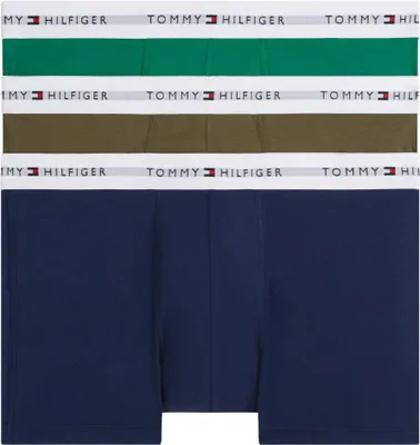 Zdjęcie produktu dla Tommy Hilfiger, zestaw 3 par męskich bokserek typu "trunks" z logo na pasku, kolor czarny (Arm Grn/PRP NVY/Nov Grn), rozmiar XS