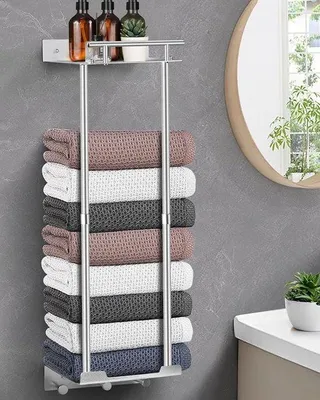 Productafbeelding van Famanu handdoekhouder zonder boren - Verstelbare stang, 81 cm, 41-72 cm, stabiel, zilver