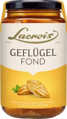 A jar of Lacroix Geflügel Fond with chicken breast illustration.