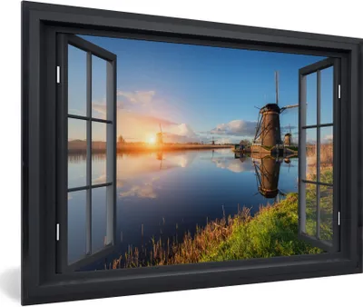 Produktbild von MuchoWow® MuchoWow® Gerahmtes Poster Aussicht - Mühle - Sonne 30x20 cm - Poster mit zchwarzem Bilderrahmen - Kunstdruck - Bild-Poster