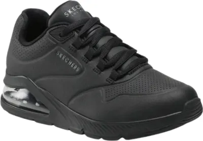 A black Skechers sneaker is shown from a side angle against a white background.
