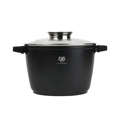 A black pot with a glass lid and silver handles, set against a white background.